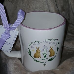 Rae Dunn White Mug with Purple Rim and Bunny Design